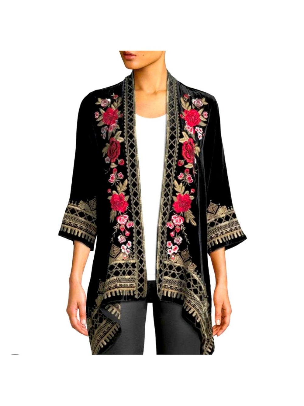 Johnny Was Meri Plum Velvet Bright Floral Embroidered Kimono Size petite small